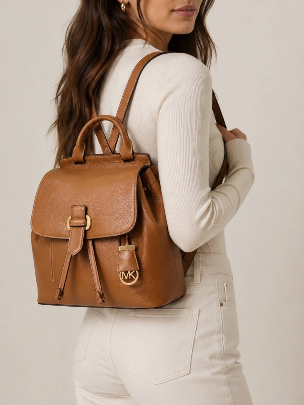 Michael Kors Romy Backpack Acorn Brown Pebbled Leather Medium Drawstring Bag